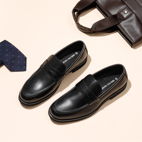 Men's Smooth PU Leather Penny Loafers - BLACK - 8